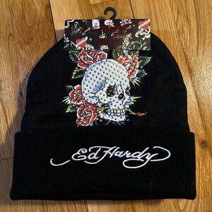 Ed Hardy Black Beanie with Skull and Floral Design
